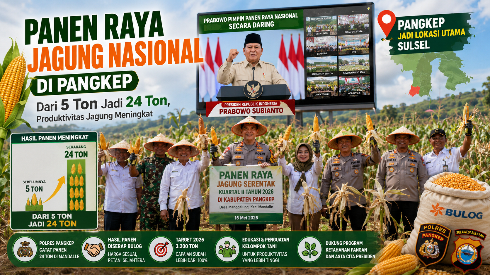 Panen Raya Jagung Nasional di Pangkep Dari 5 Ton Jadi 24 Ton