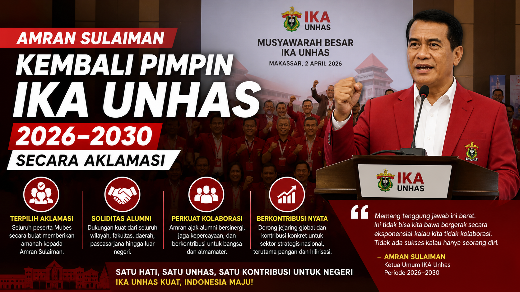 Amran Sulaiman Kembali Pimpin IKA Unhas 2026–2030 Secara Aklamasi