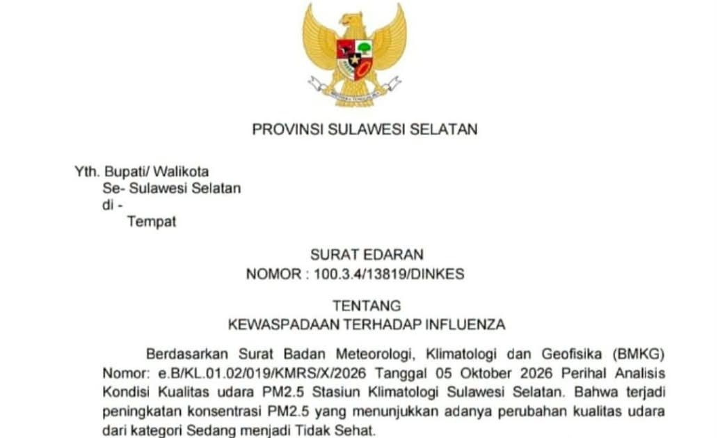 Kualitas Udara Sulsel Memburuk, Pemprov Keluarkan Imbauan Waspada Influenza